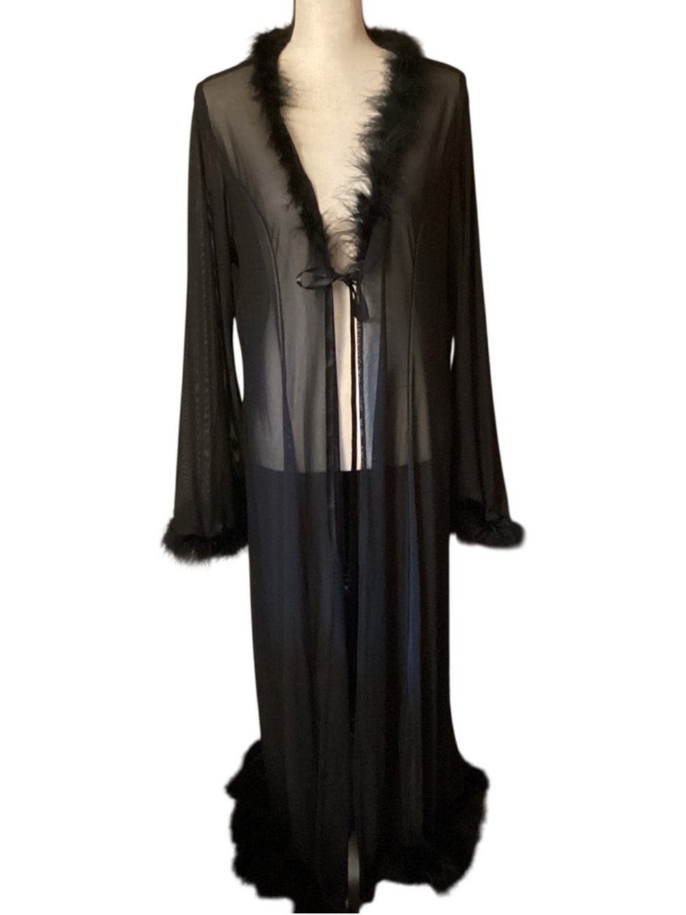 SHEIN Curve Sheer Black Feather Trim Robe Duster Lingerie Gothic Vamp 2XL NWT